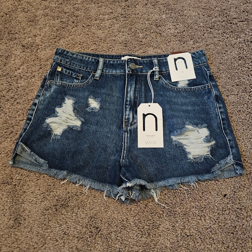 Nature Denim High Rise Shorts Size M Blue NEW Distressed Raw Hem Festival‎ Boho